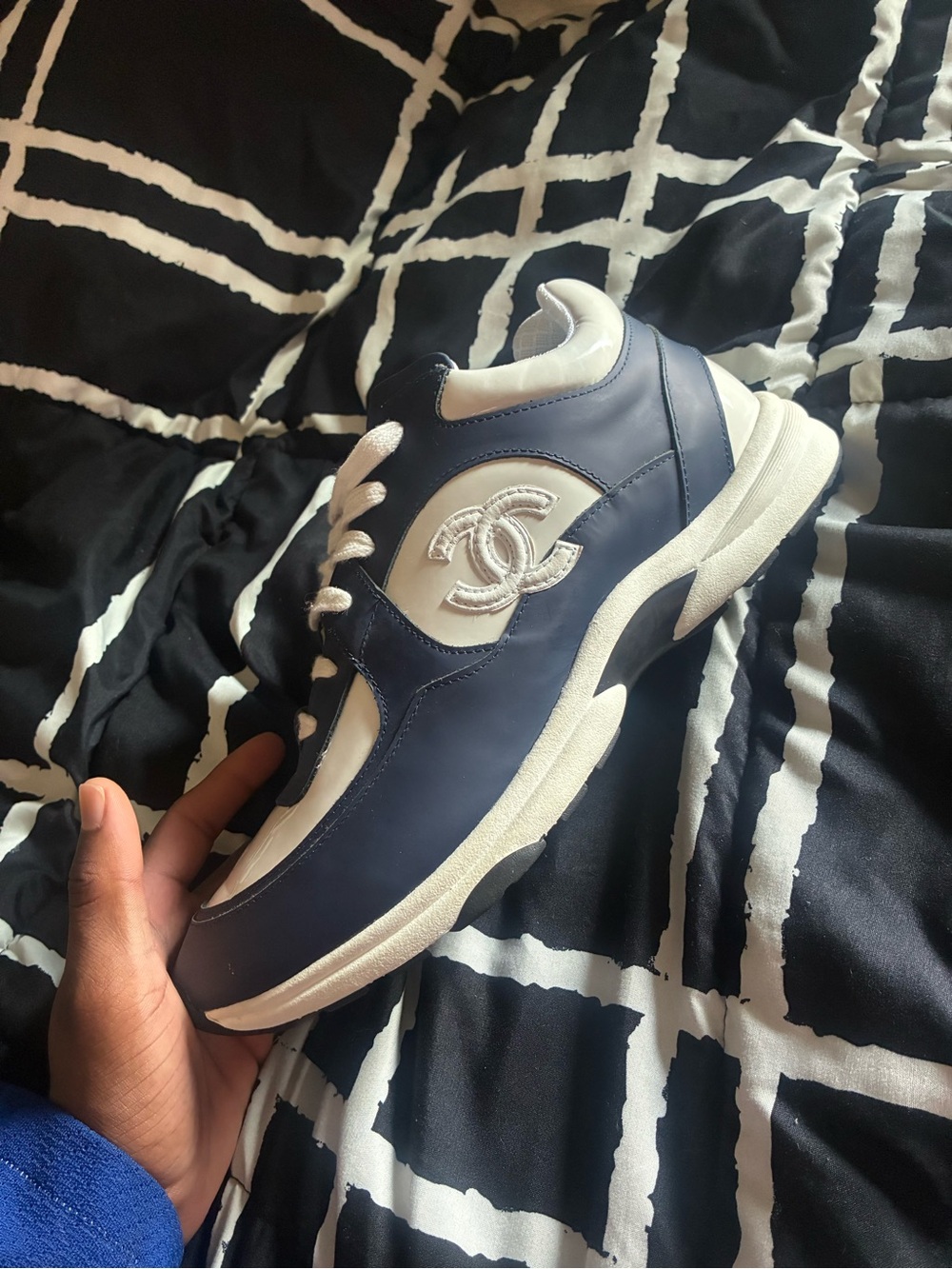 Chanel Men's Navy and White Leather Sneakers